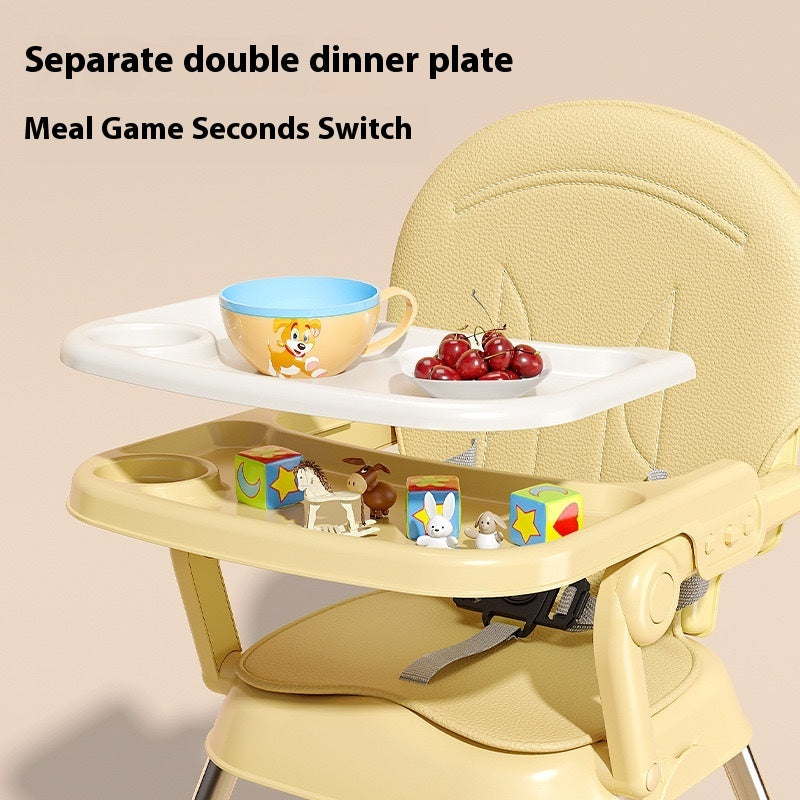 Yellow high chair with a tray attached, featuring a bowl and toys on a beige background.