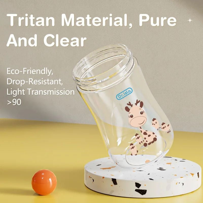 Clear tumbler with cartoon giraffe design on a yellow surface, featuring text about tritan material and product features.
