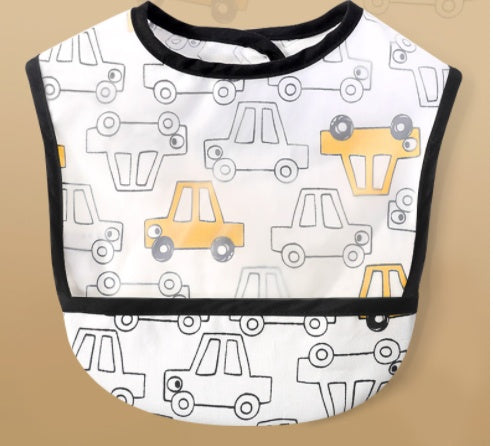 Baby bib with car pattern on a beige background