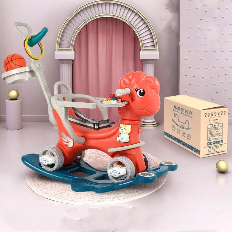 Children's rocking toy with a box in a decorative setting