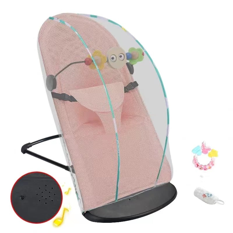 Baby bouncer with cartoon design on a white background