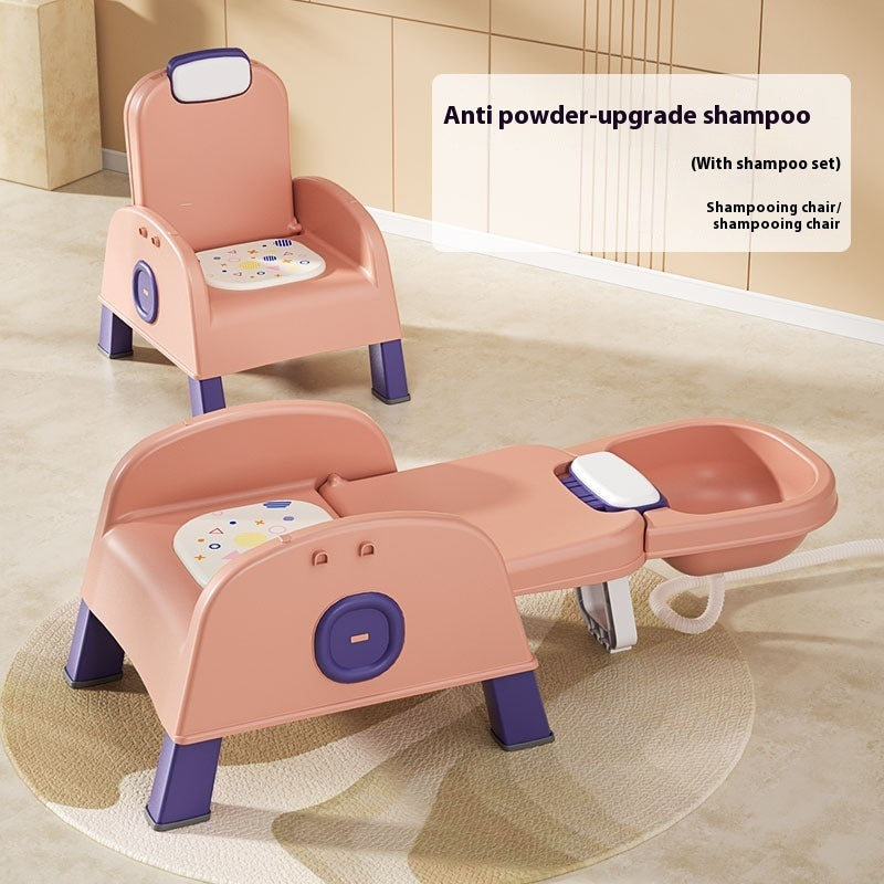 Children's shampoo chair with a sink attachment on a beige floor.