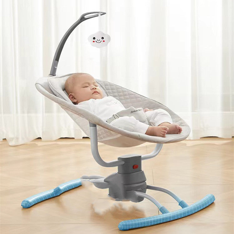 Grey BluLuxe Bluetooth electric rocking chair with adjustable design for babies and toddlers, featuring a comfortable and mo