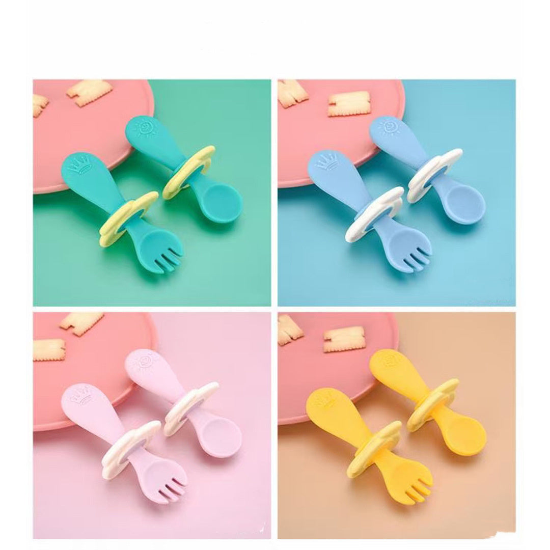 KikiBoo Short Handle Silicone Spoon & Fork – Baby & Toddler Feeding Meal Set