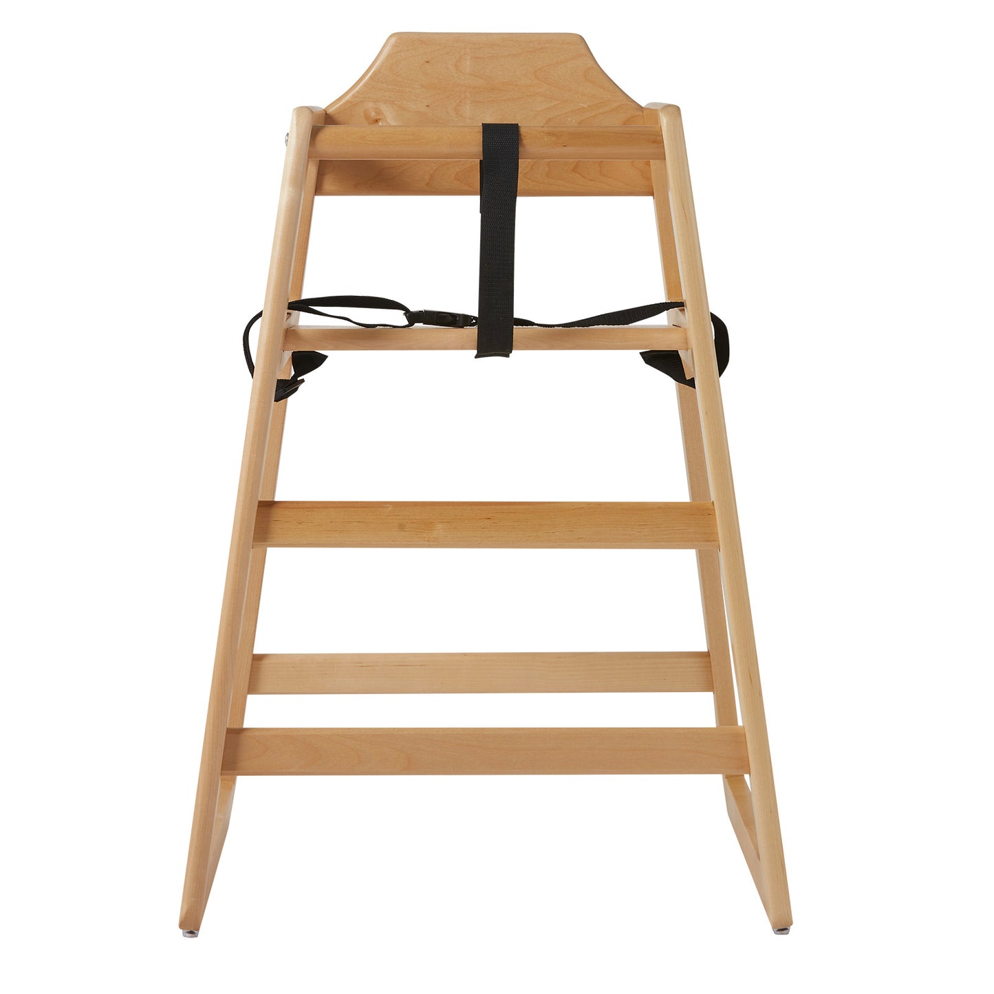 Wooden high chair with a black strap on a white background