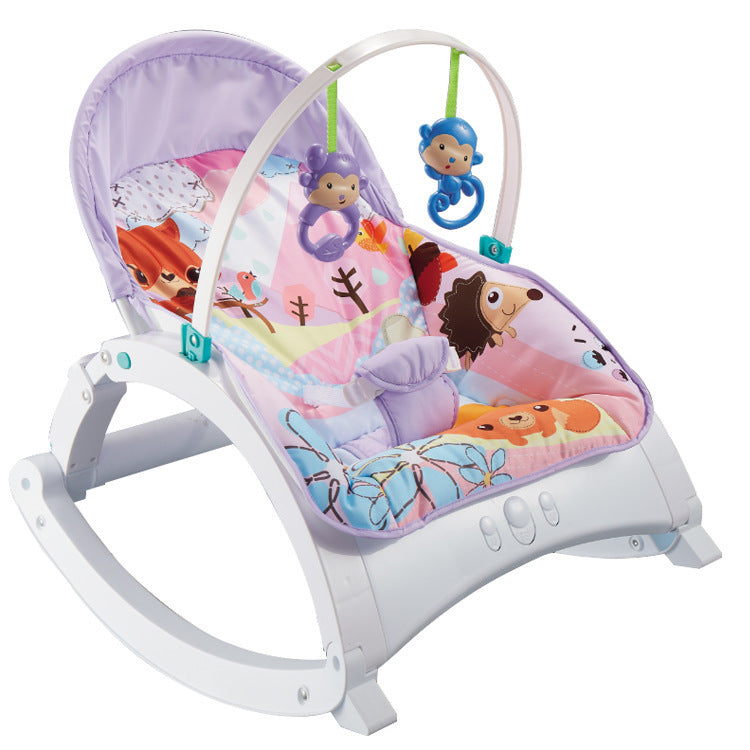 Baby rocker with colorful animal design on a white background