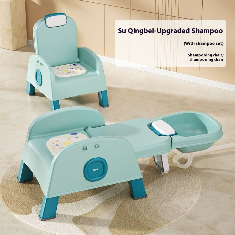 Children's shampoo chair with a sink attachment on a beige floor.