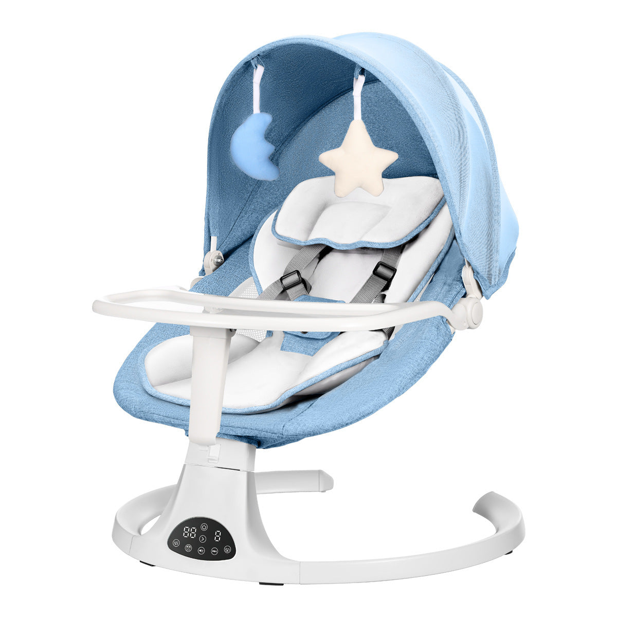 Baby swing with blue canopy and white interior on a white background