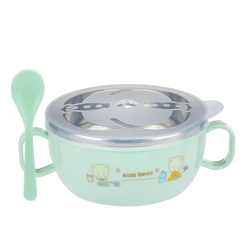 Adorable Cartoon Stainless Steel Baby Feeding Bowl Set - BPA Free, Insulated 300ml with Spoon for Kids