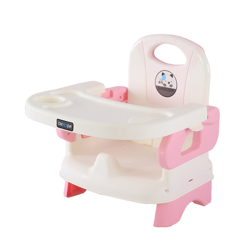 Pink and white baby seat with tray on a white background