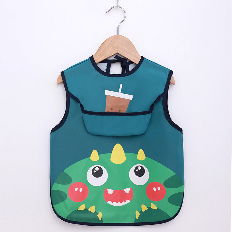 Children's bib with a cartoon dinosaur design on a hanger against a white background
