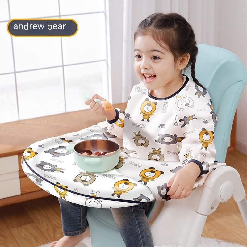 Child sitting in a high chair with a tray, eating from a bowl, in a home setting.