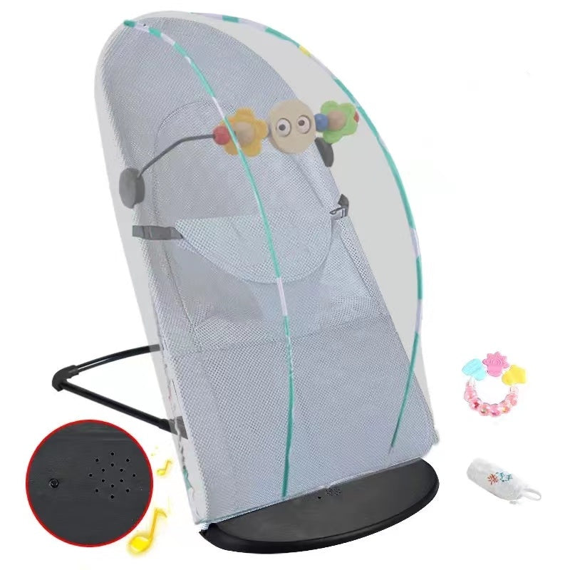 Baby bouncer with canopy and accessories on a white background