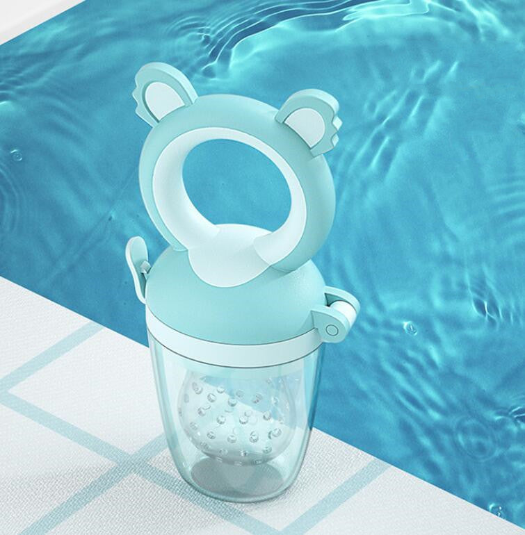 Bear-shaped water bottle with a transparent ball on a blue water background