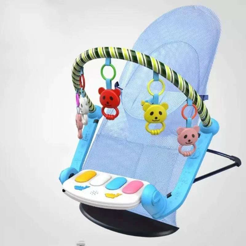 Baby bouncer with colorful toys and music panel on a white background