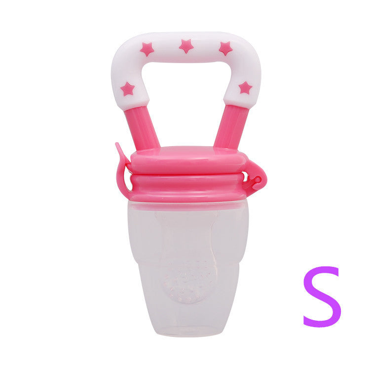 Pink and white baby feeder with star patterns on a white background