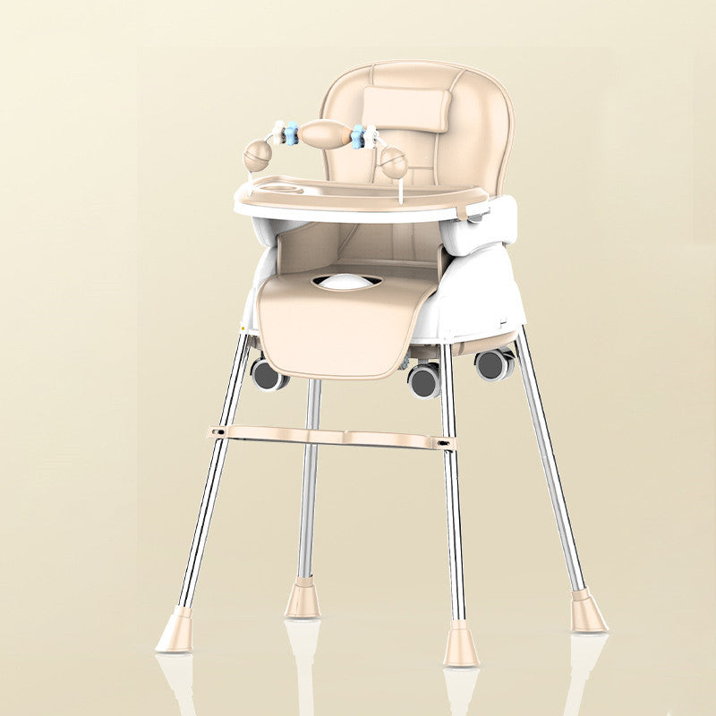 Beige baby high chair with white tray on a beige background
