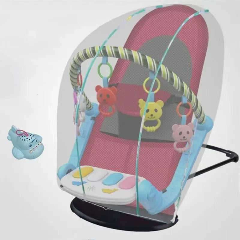 Baby bouncer with colorful toys and a toy on a white background
