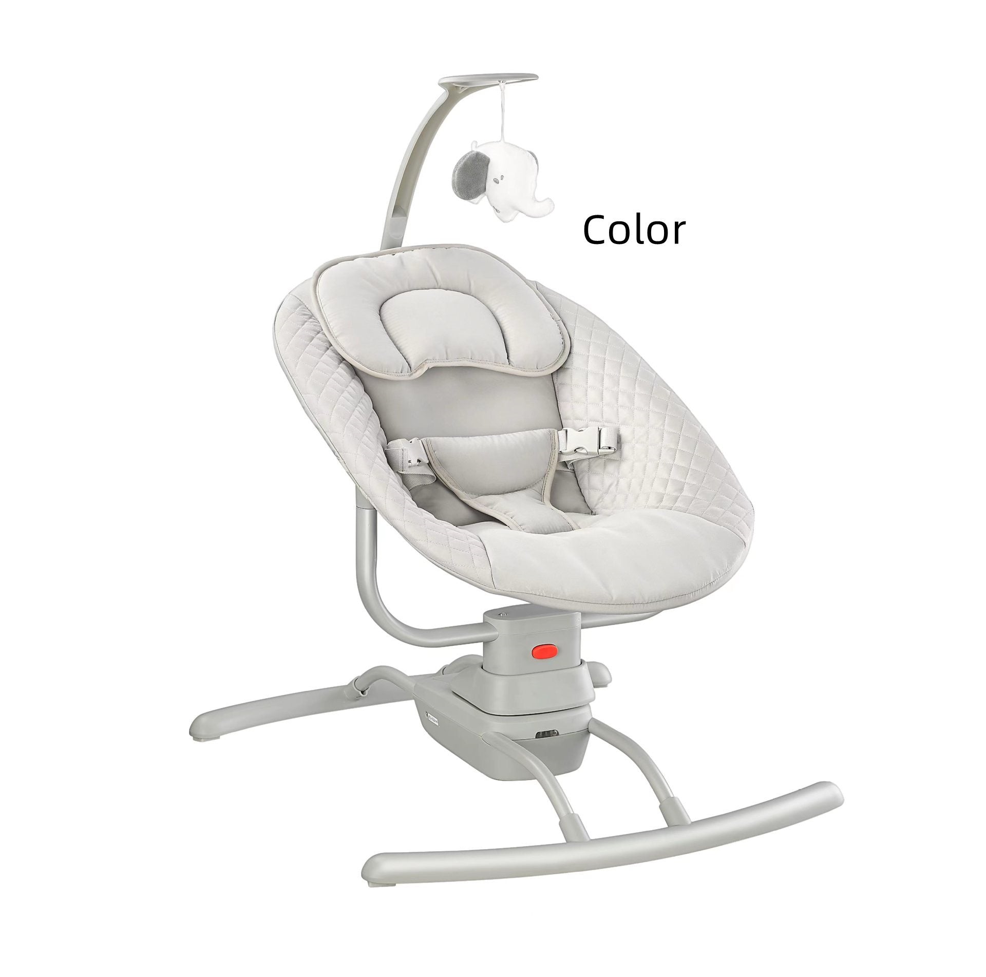 White baby swing with a remote control on a white background