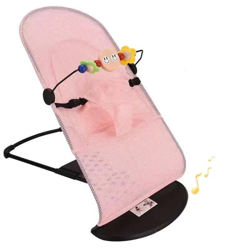 Pink baby bouncer with a toy on a white background