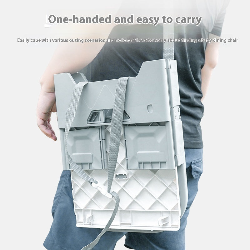 Person holding a white folding chair with text indicating it is one-handed and easy to carry.