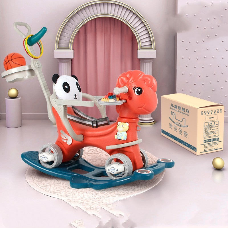 Children's rocking toy with panda and camel design in a room setting