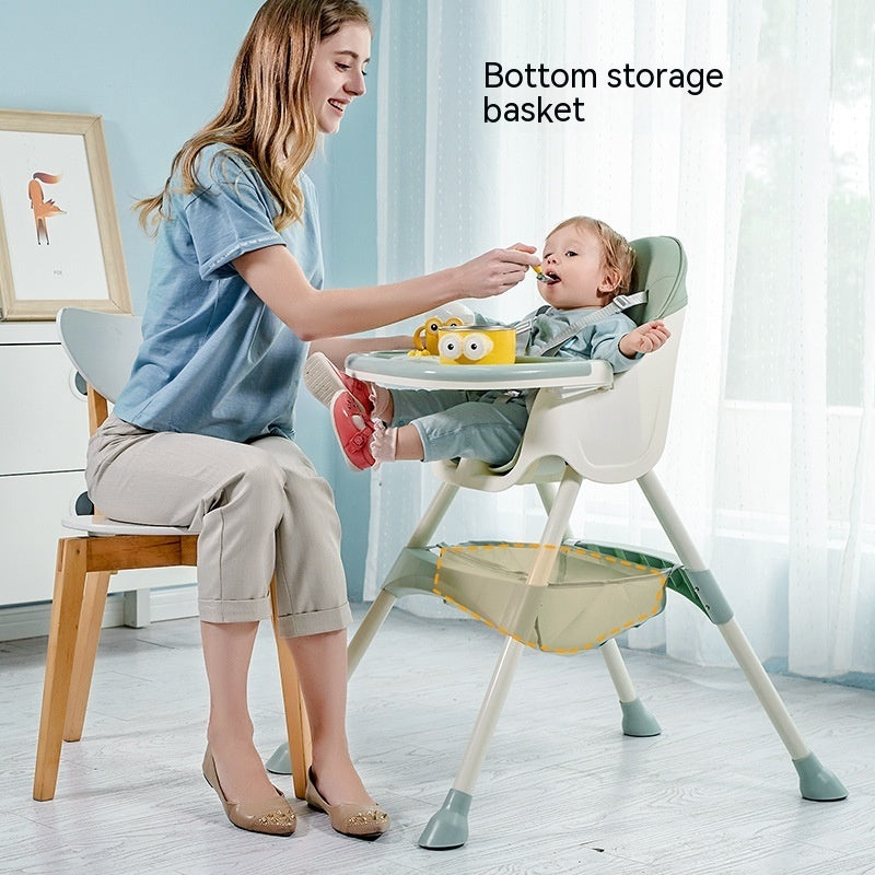 Woman feeding a child in a high chair with a visible bottom storage basket.