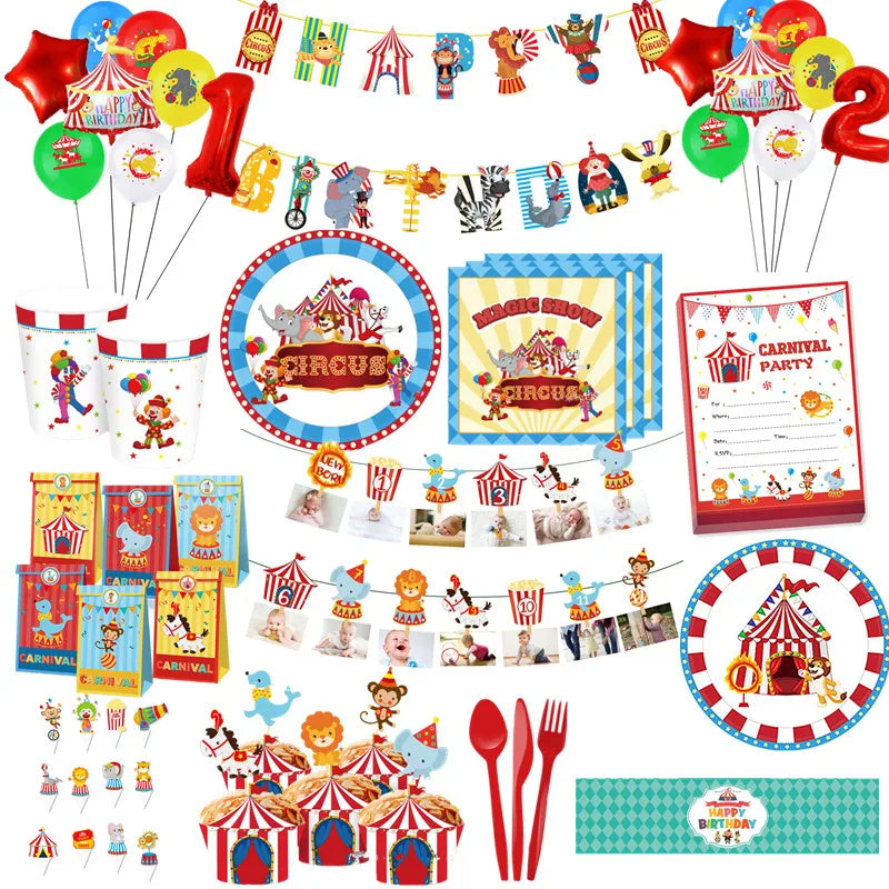 Ultimate Circus Theme Birthday Party Supplies - Disposable Cups, Plates, Banners, Clown Balloons & More!