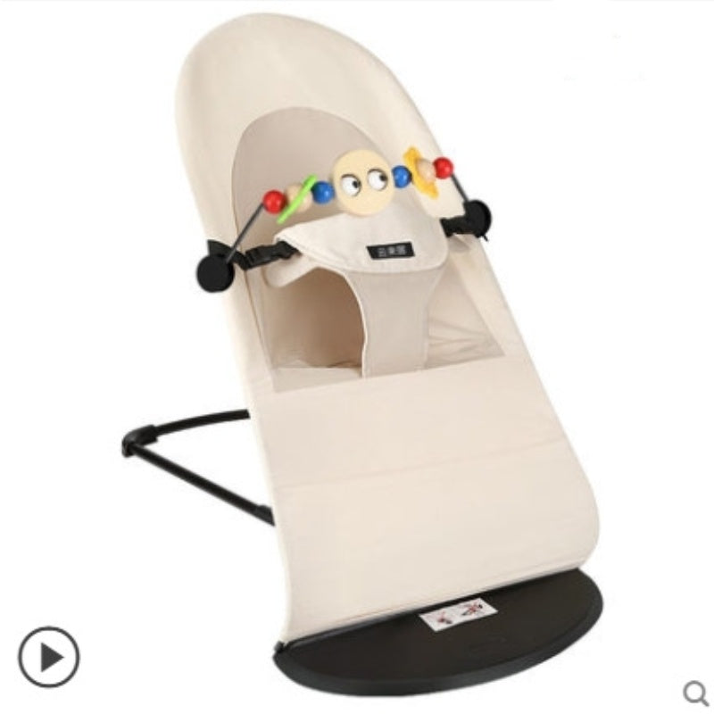 Beige baby bouncer with colorful toy on a white background