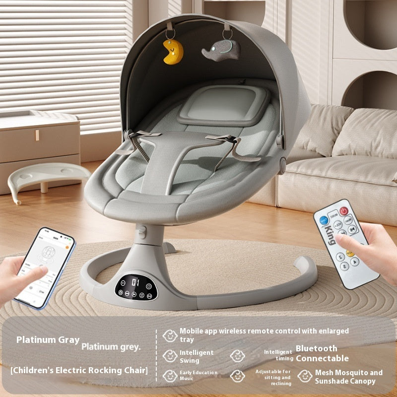 Children's electric rocking chair with remote control and smartphone app in a living room setting.