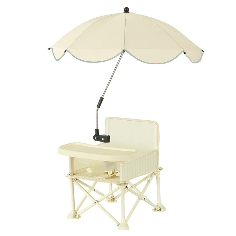 Beige high chair with umbrella attachment on a white background
