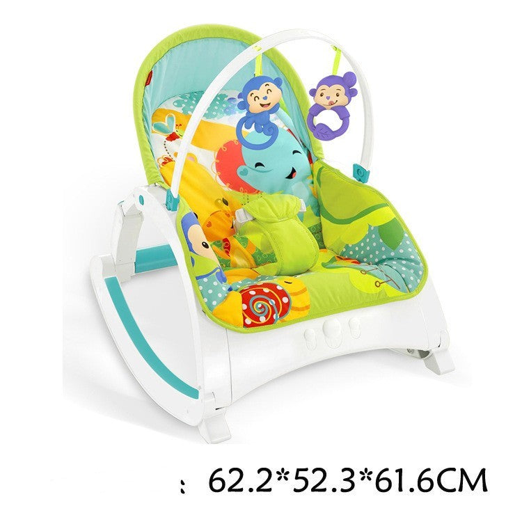 Colorful baby bouncer with cartoon characters on a white background