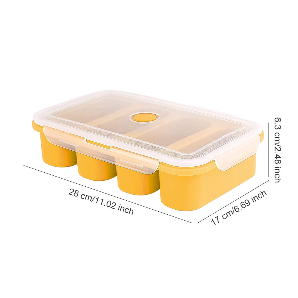 Yellow egg tray with a clear lid on a white background, showing dimensions.