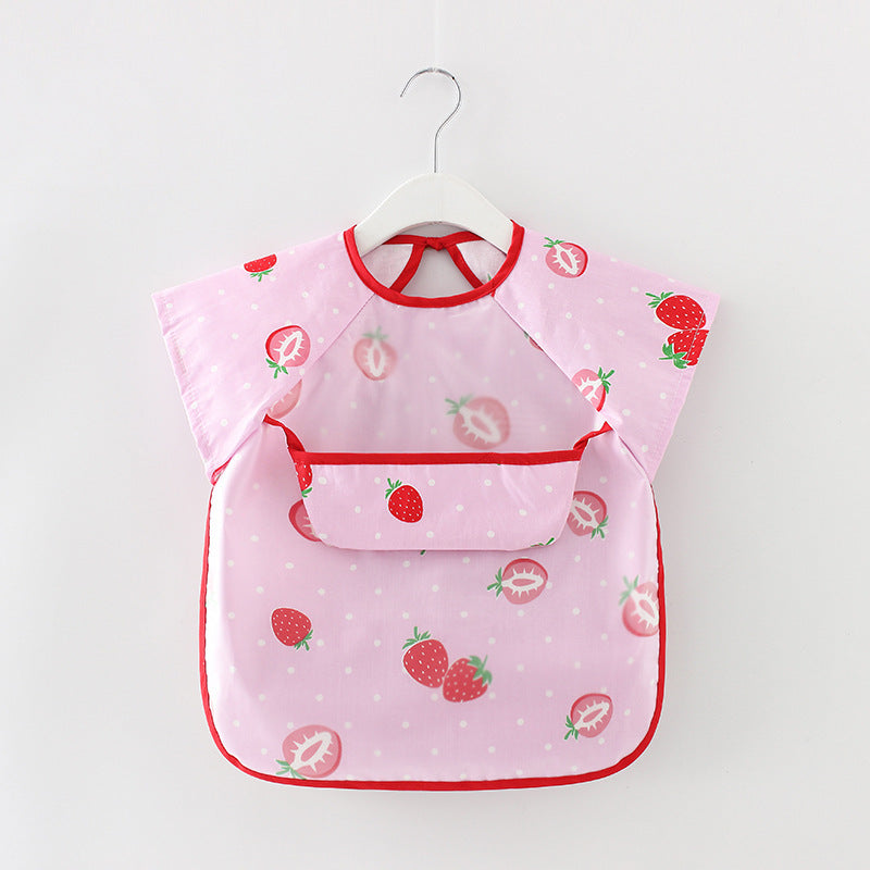 Pink baby bib with strawberry pattern on a white background