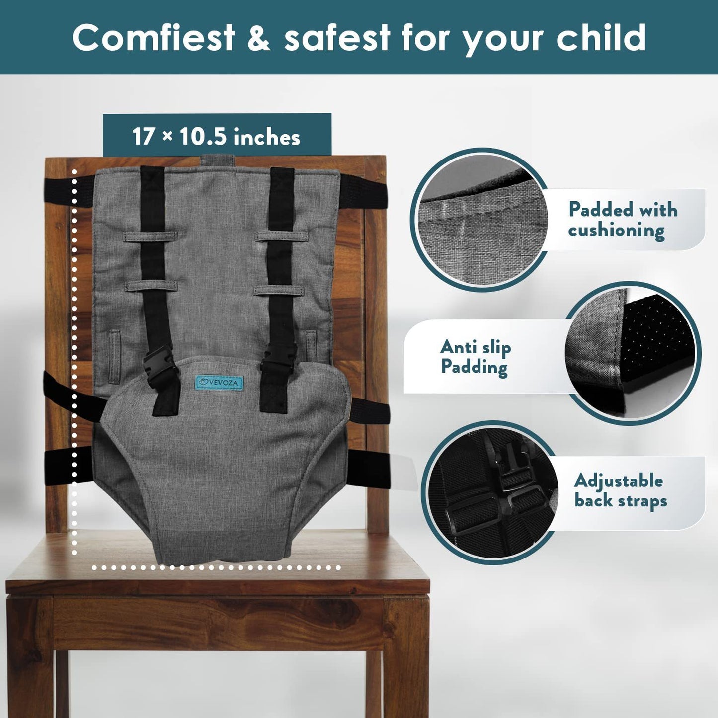 Children's high chair with safety straps on a wooden chair, featuring text about comfort and safety.