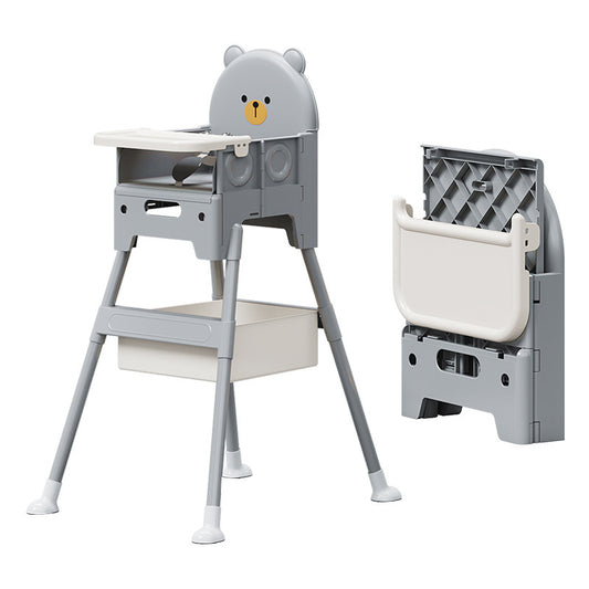 Gray high chair with bear design and detachable tray on a white background