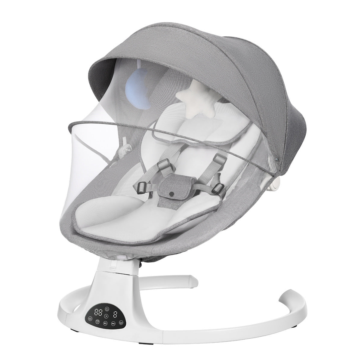 Gray baby swing with clear canopy on a white background