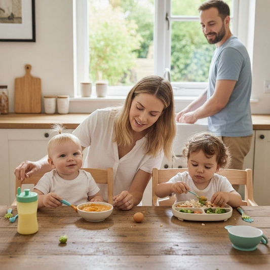 Mother serves carefully portioned meals to toddlers in dining room.