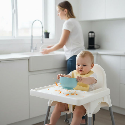 Mischievous baby pushes blue suction bowl; mom washes dishes, unaware.