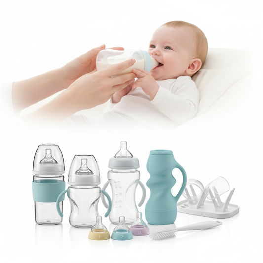 A happy baby being bottle-fed by an adult, with a variety of baby bottles, nipples with different flow rates