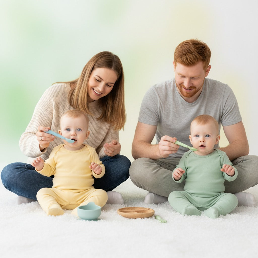 Two parents feeding twin babies with spoons