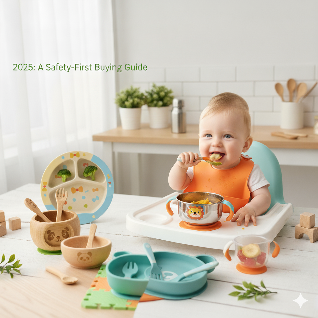 Non-toxic silicone baby feeding bowl with suction base and spoon, BPA-free and safe for self-feeding.