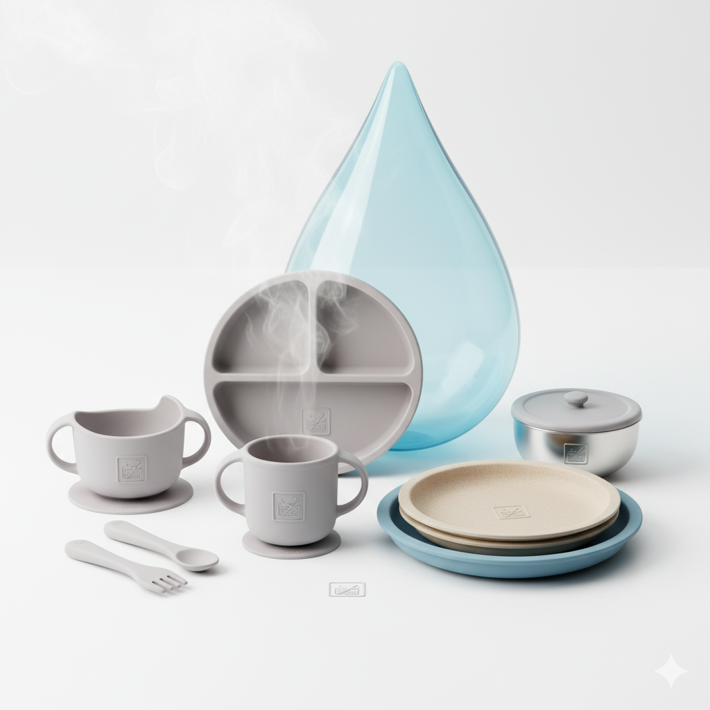 Baby plates, cups, and utensils, clean and safe for the dishwasher.