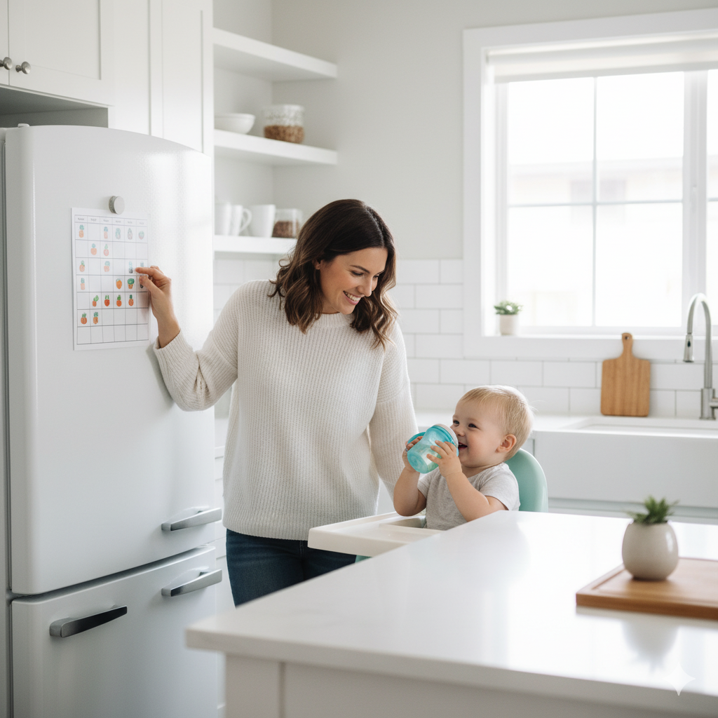 A mother reviews her baby's feeding schedule while her toddler drinks from a cup.