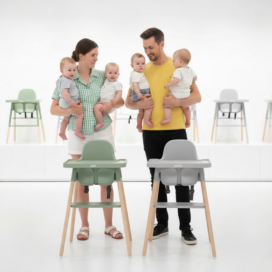Parents with twins compare Lalo and Stokke high chairs.