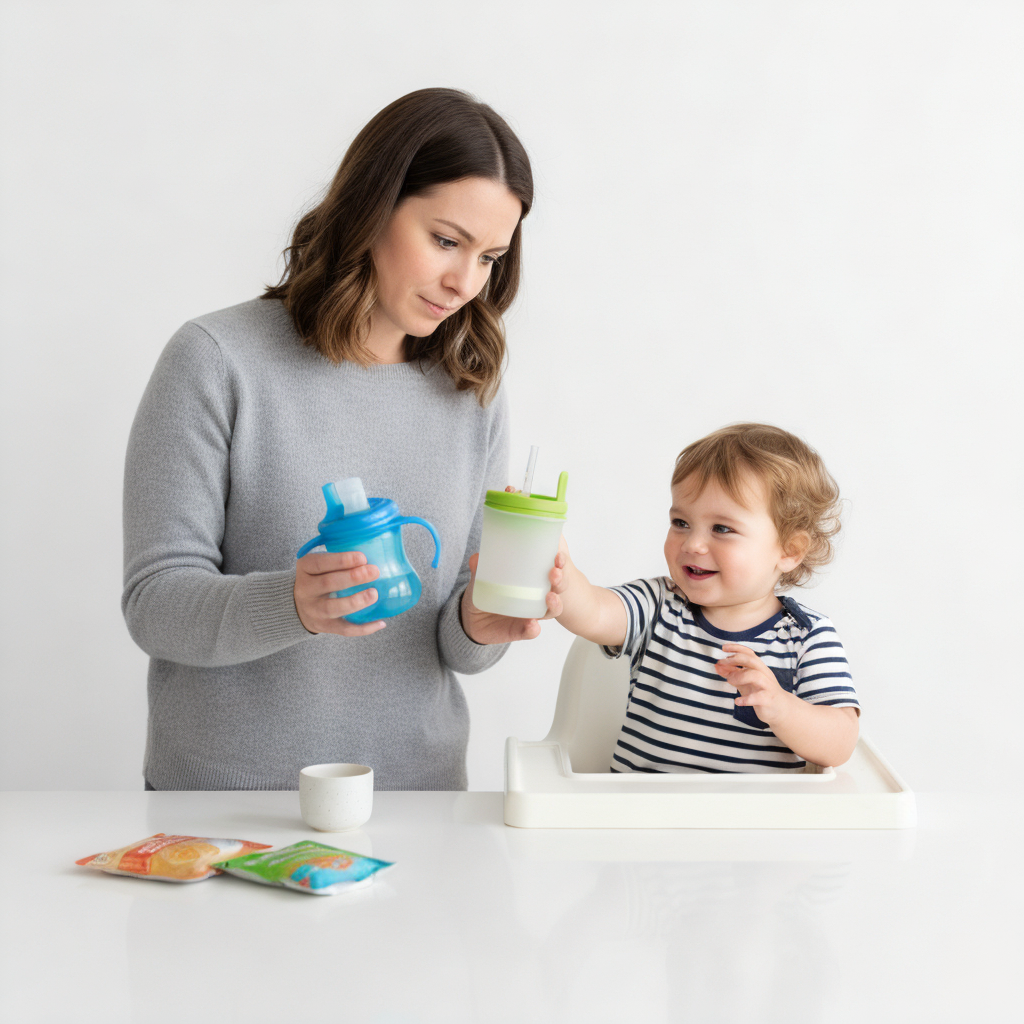 Mother choosing sippy or straw cup for toddler.