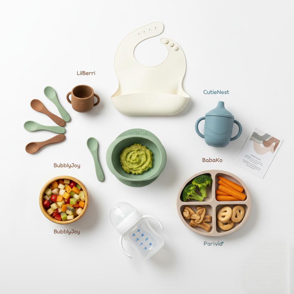 a silicone suction bowl with pureed green food, a bamboo bowl with fruit salad, a sectioned silicone plate