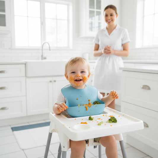 messy toddler in high chair with silicone bib