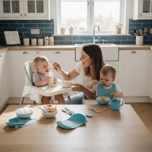 Happy mother feeding twin babies in sunny kitchen