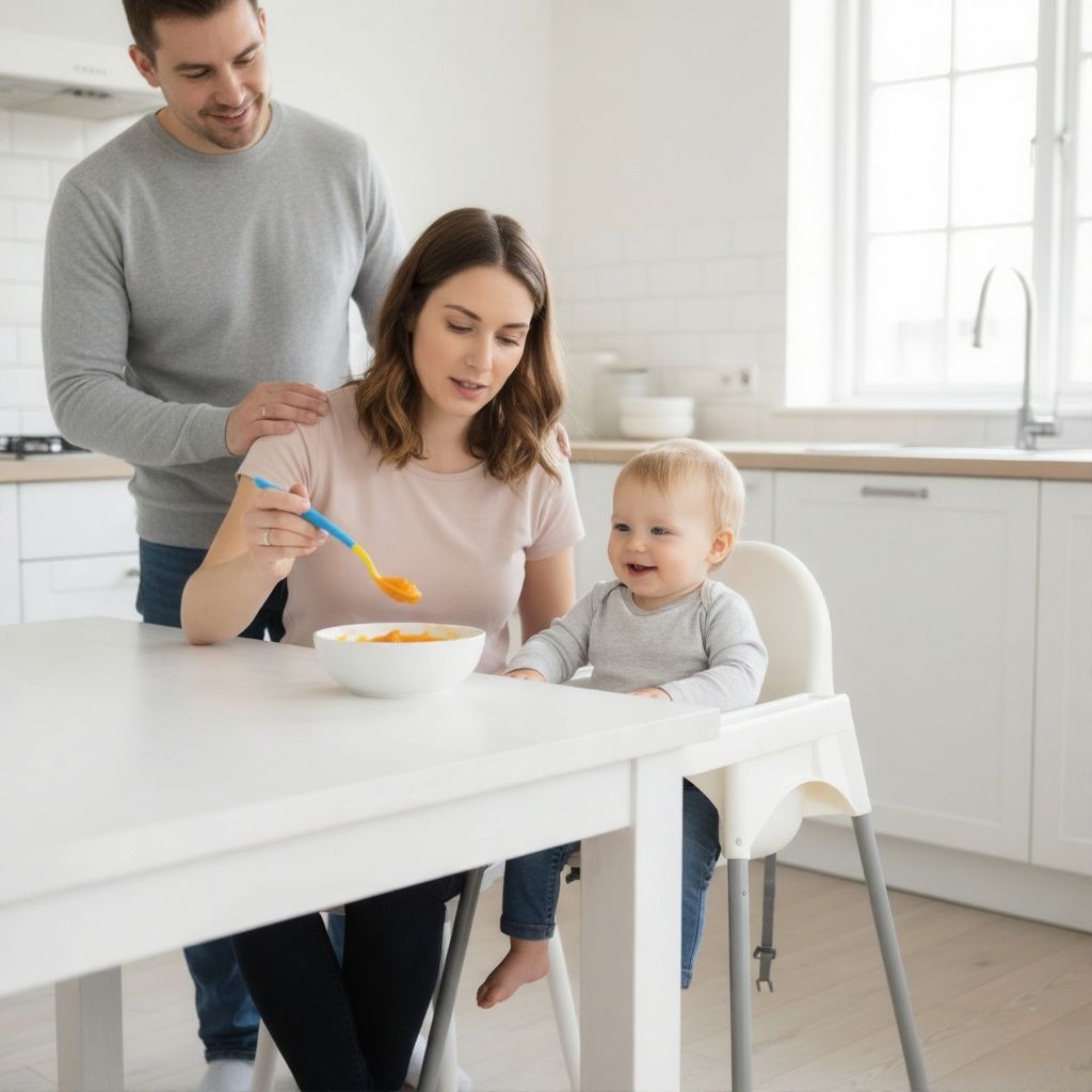 A mother checks her toddler's food temperature with a color-changing spoon.